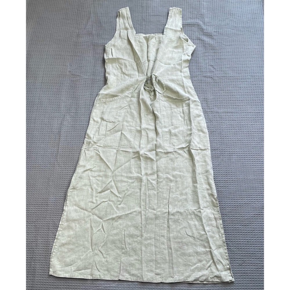 Flax Linen Midi Dress (Medium) Womens Tie Front Sleeveless Lagenlook